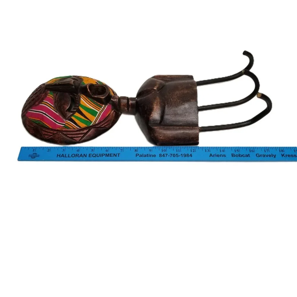 African Wood Mask Wall Hook Colorful Tribal Decor Handcarved Bohemian